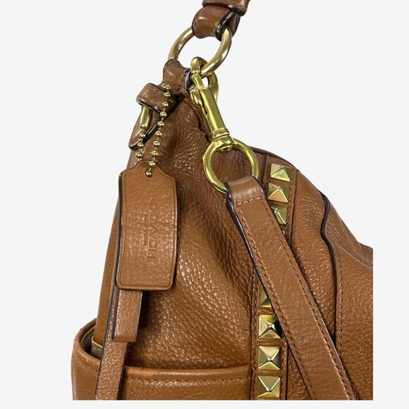 Coach Park Pyramid Studded Leather Hobo Shoulder Bag Tan Brown Large Tote - Picture 3 of 16